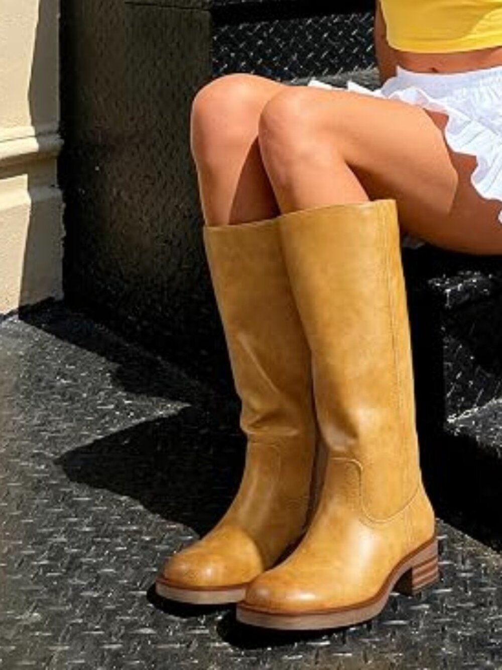 Women's Square Toe Platform Chunky Block Heel Knee High Riding Boots